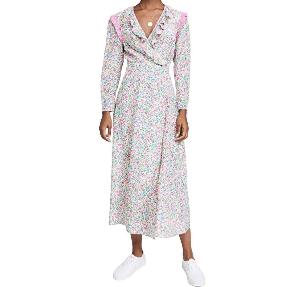 Rixo Suri Silk Floral Wrap Midi Dress Size Large
